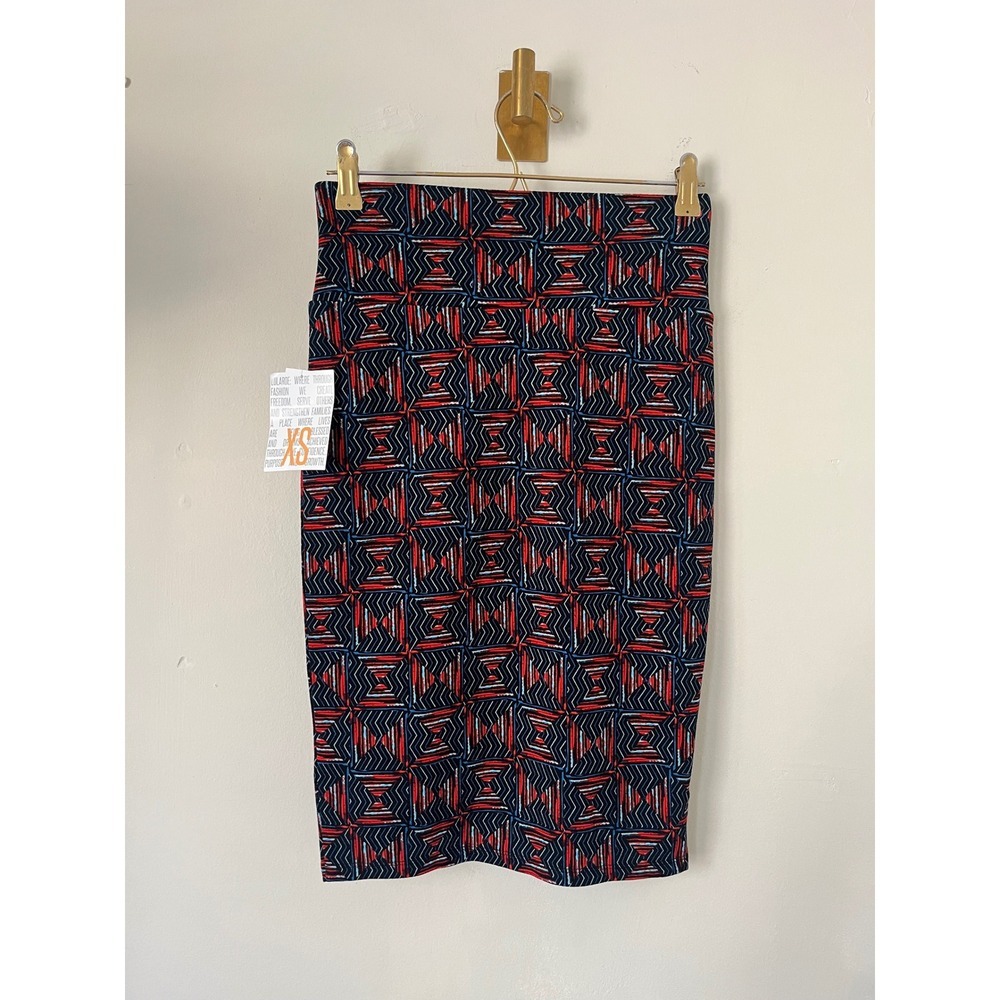 LuLaRoe Cassie Pencil Skirt XS Red Blue Geometric Print Retro Midi Stretch